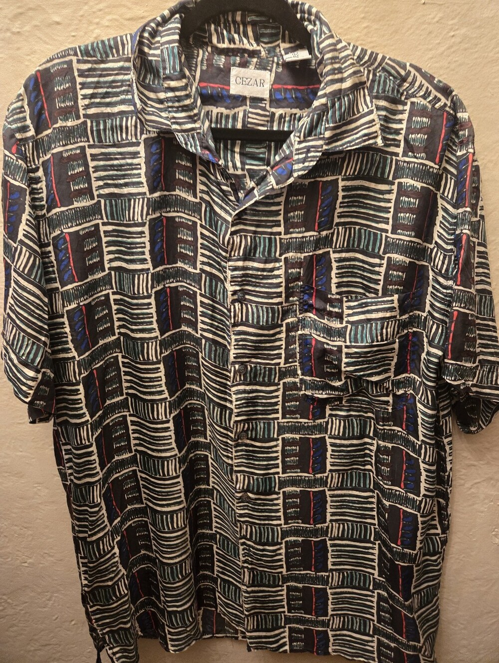 Vintage 100% Silk Abstract Geometric Button Up Camp Shirt Men’s Large